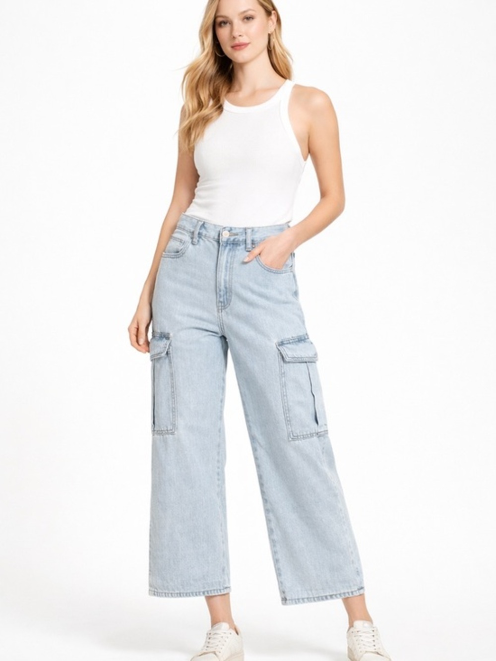 JBD Wide Leg Cargo Jeans Women’s 26 Light Wash Cropped High Rise Denim